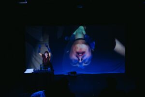 Grumms, a white non-binary performer stands in front of a small camera
with their arms overhead. They have gloves and gills to look like a sea monster and are wearing
an ill-fitting red dress. Their face is re-projected on a screen behind them, only very large and
upside down. The lighting on stage is dim and spooky. 